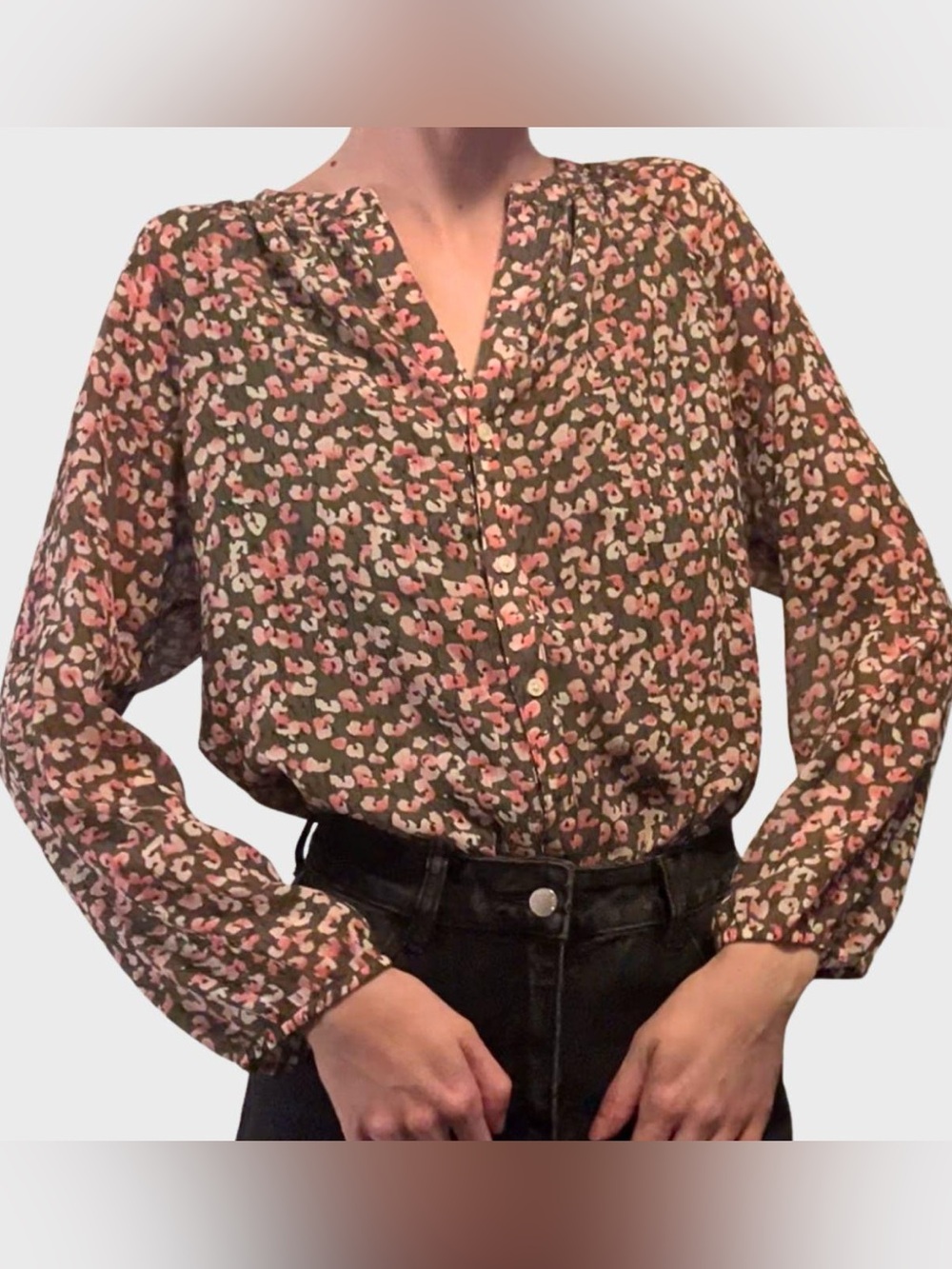 J.Crew Green and Pink Floral Front-Button Blouse.
